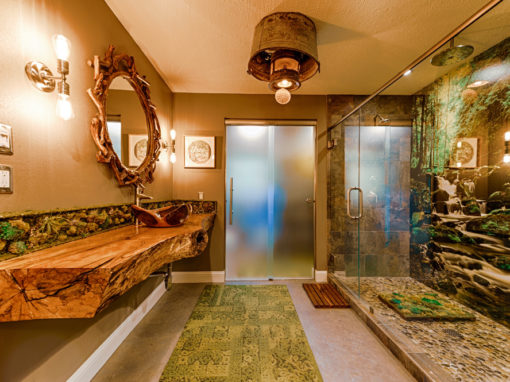 Earthy North Woods Feel Master Bathroom